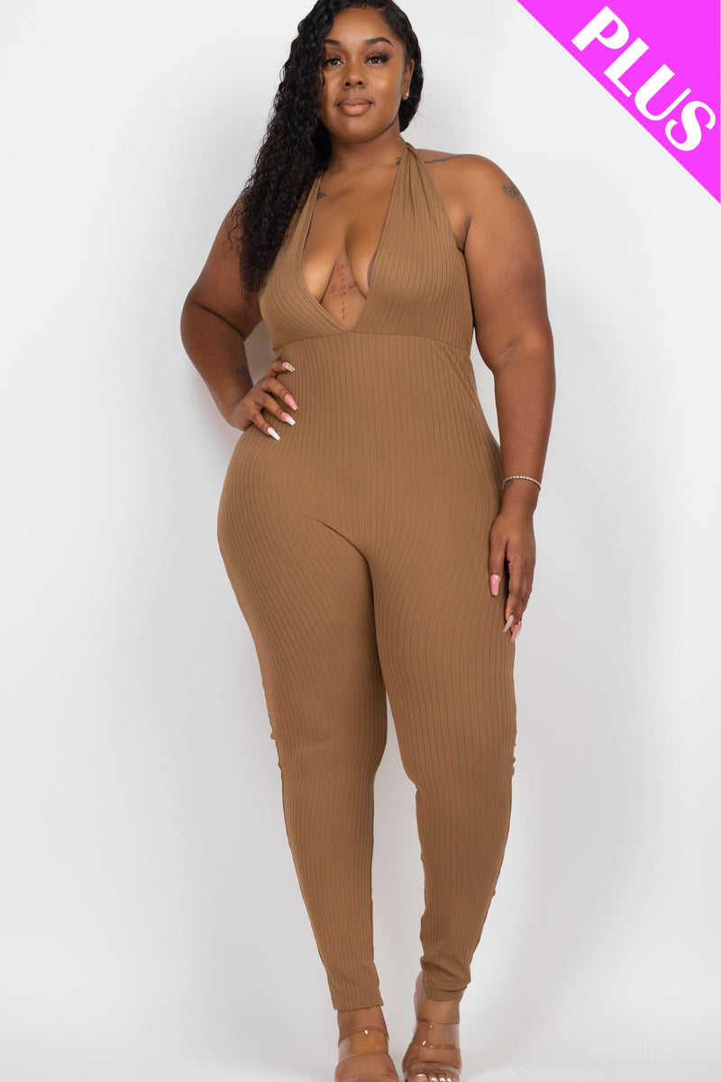 Plus Size Halter V Neck Ribbed Bodycon Jumpsuit (CAPELLA) - Capella Apparel