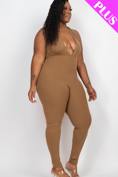 Plus Size Halter V Neck Ribbed Bodycon Jumpsuit (CAPELLA) - Capella Apparel