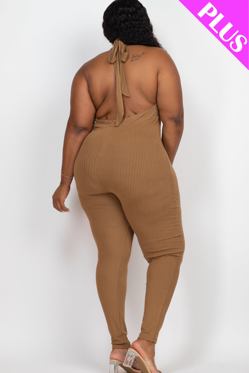 Plus Size Halter V Neck Ribbed Bodycon Jumpsuit (CAPELLA) - Capella Apparel