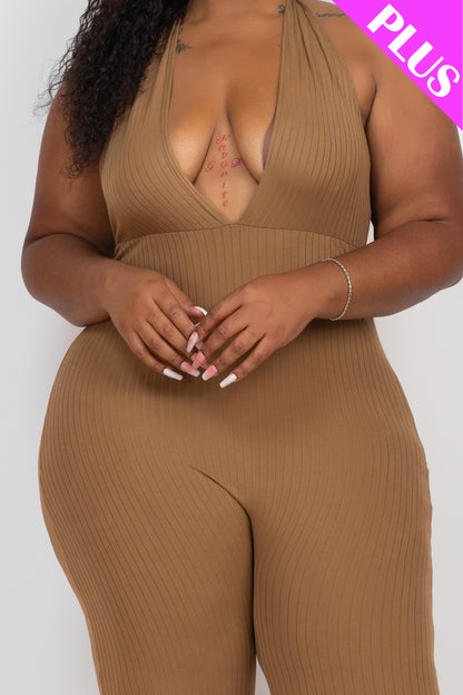 Plus Size Halter V Neck Ribbed Bodycon Jumpsuit - Capella Apparel