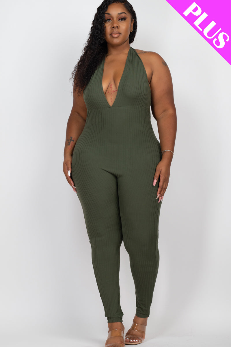 Plus Size Halter V Neck Ribbed Bodycon Jumpsuit - Capella Apparel