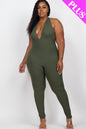 Plus Size Halter V Neck Ribbed Bodycon Jumpsuit - Capella Apparel