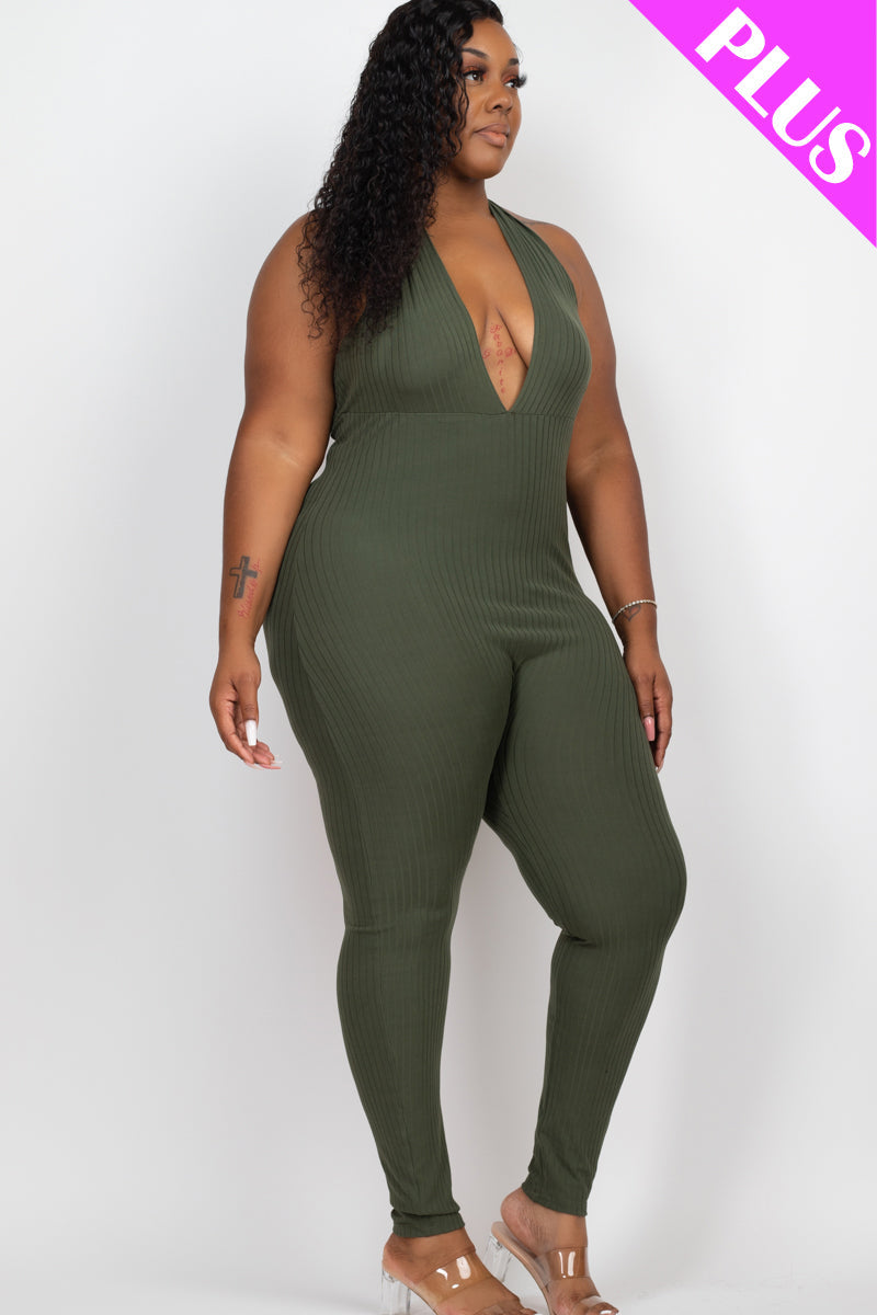 Plus Size Halter V Neck Ribbed Bodycon Jumpsuit (CAPELLA) - Capella Apparel