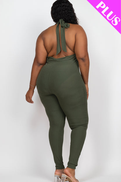 Plus Size Halter V Neck Ribbed Bodycon Jumpsuit - Capella Apparel