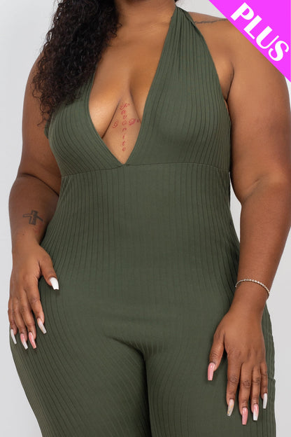 Plus Size Halter V Neck Ribbed Bodycon Jumpsuit (CAPELLA) - Capella Apparel