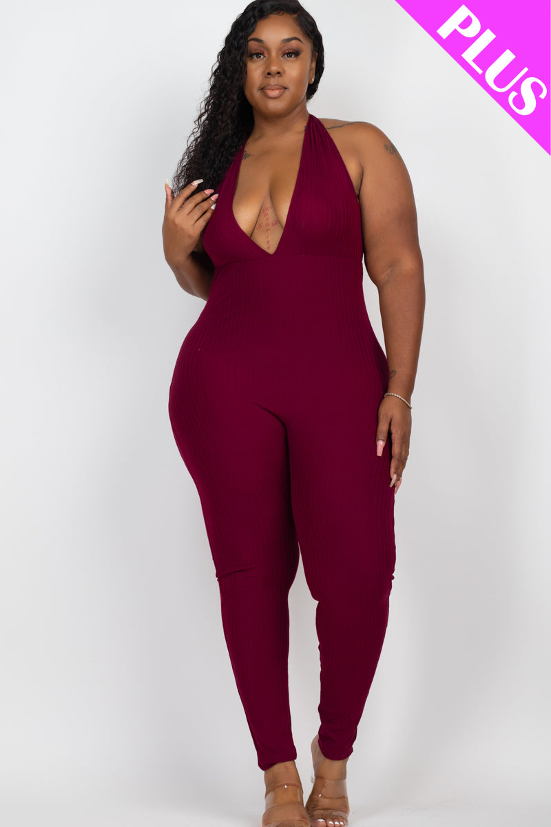 Plus Size Halter V Neck Ribbed Bodycon Jumpsuit (CAPELLA) - Capella Apparel