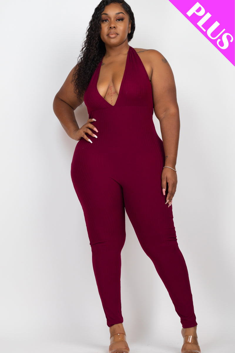 Plus Size Halter V Neck Ribbed Bodycon Jumpsuit (CAPELLA) - Capella Apparel