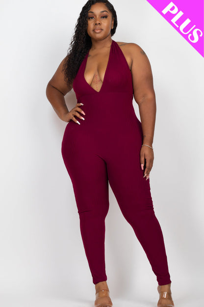 Plus Size Halter V Neck Ribbed Bodycon Jumpsuit (CAPELLA) - Capella Apparel