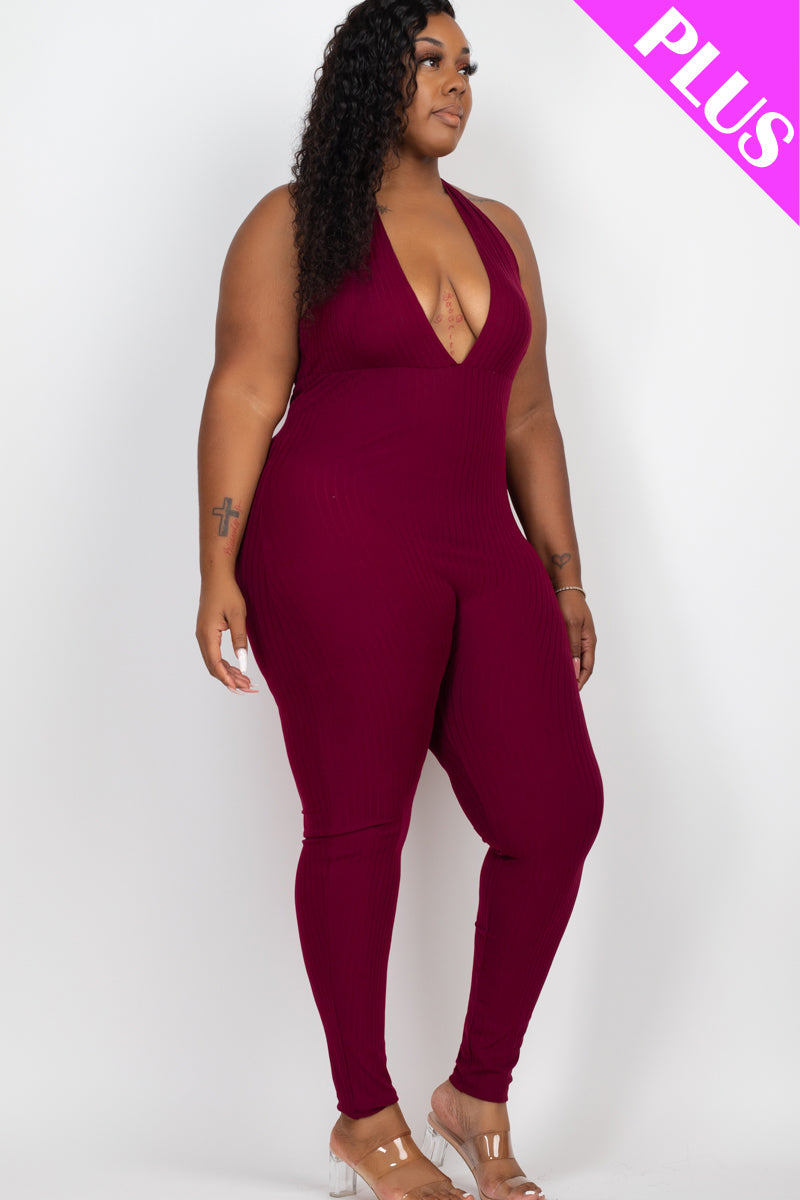 Plus Size Halter V Neck Ribbed Bodycon Jumpsuit (CAPELLA) - Capella Apparel