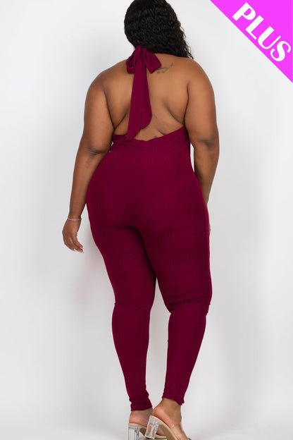 Plus Size Halter V Neck Ribbed Bodycon Jumpsuit (CAPELLA) - Capella Apparel