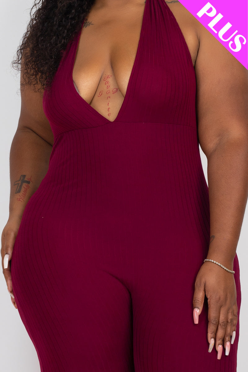 Plus Size Halter V Neck Ribbed Bodycon Jumpsuit - Capella Apparel