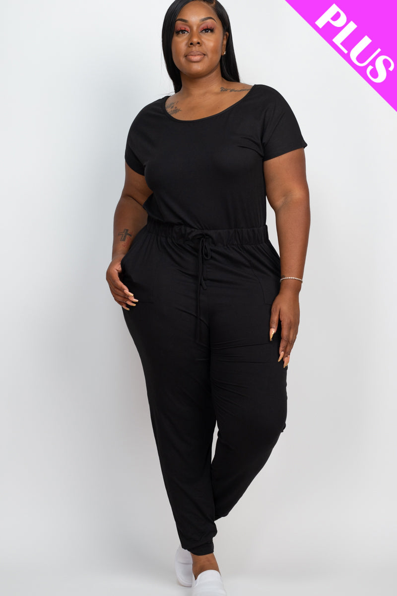 Plus Size Solid Drawstring Short Sleeve Jumpsuit - Wholesale Capella Apparel