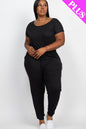 Plus Size Solid Drawstring Short Sleeve Jumpsuit - Wholesale Capella Apparel