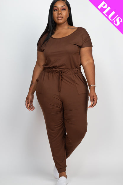 Plus Size Solid Drawstring Short Sleeve Jumpsuit - Wholesale Capella Apparel