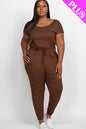 Plus Size Solid Drawstring Short Sleeve Jumpsuit - Wholesale Capella Apparel