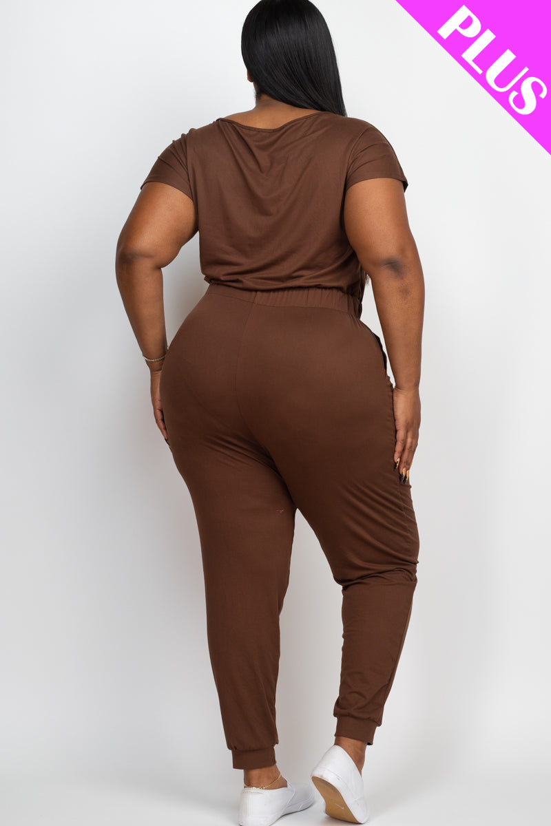 Plus Size Solid Drawstring Short Sleeve Jumpsuit - Wholesale Capella Apparel