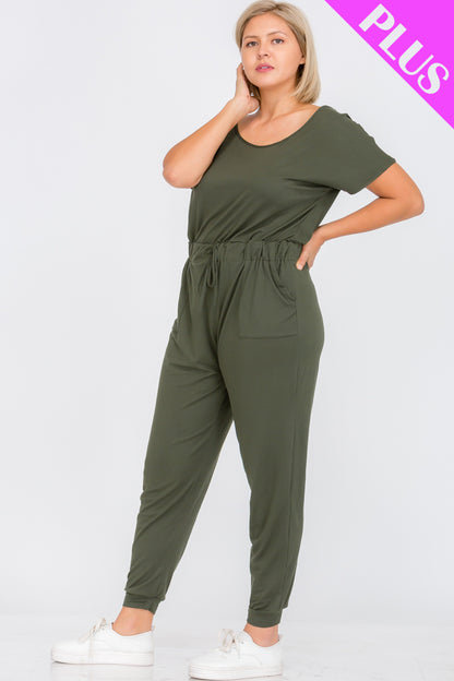 Plus Size Solid Drawstring Short Sleeve Jumpsuit - Wholesale Capella Apparel