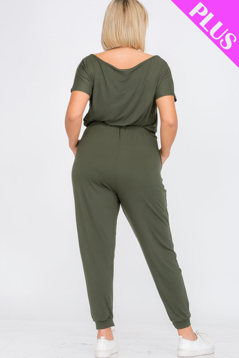 Plus Size Solid Drawstring Short Sleeve Jumpsuit - Wholesale Capella Apparel