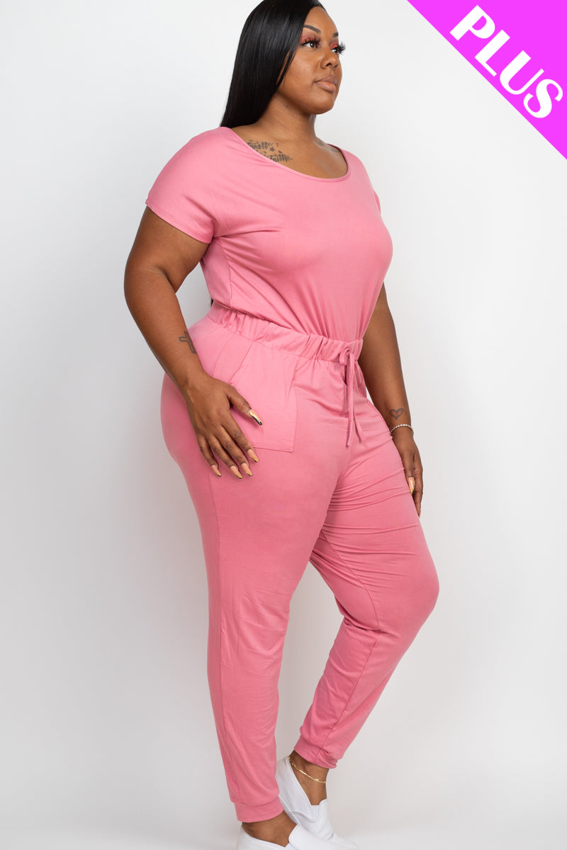 Plus Size Solid Drawstring Short Sleeve Jumpsuit - Wholesale Capella Apparel