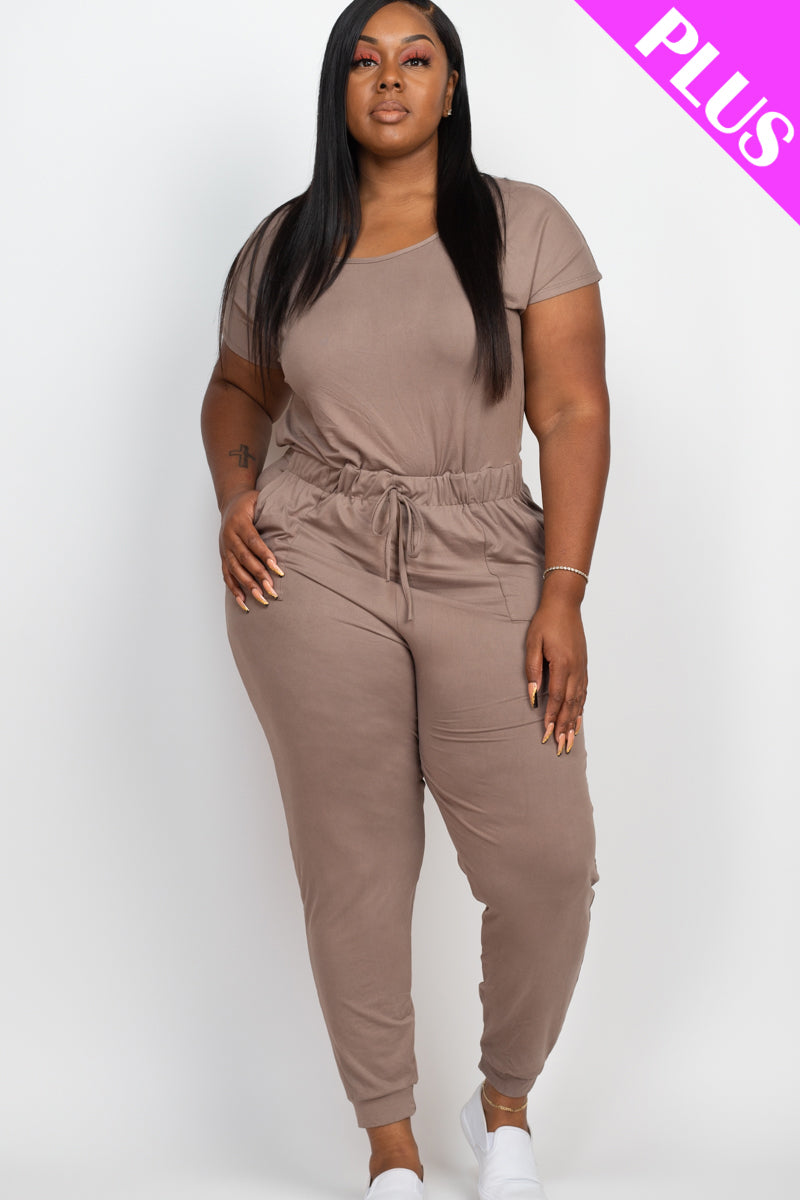 Plus Size Solid Drawstring Short Sleeve Jumpsuit - Wholesale Capella Apparel