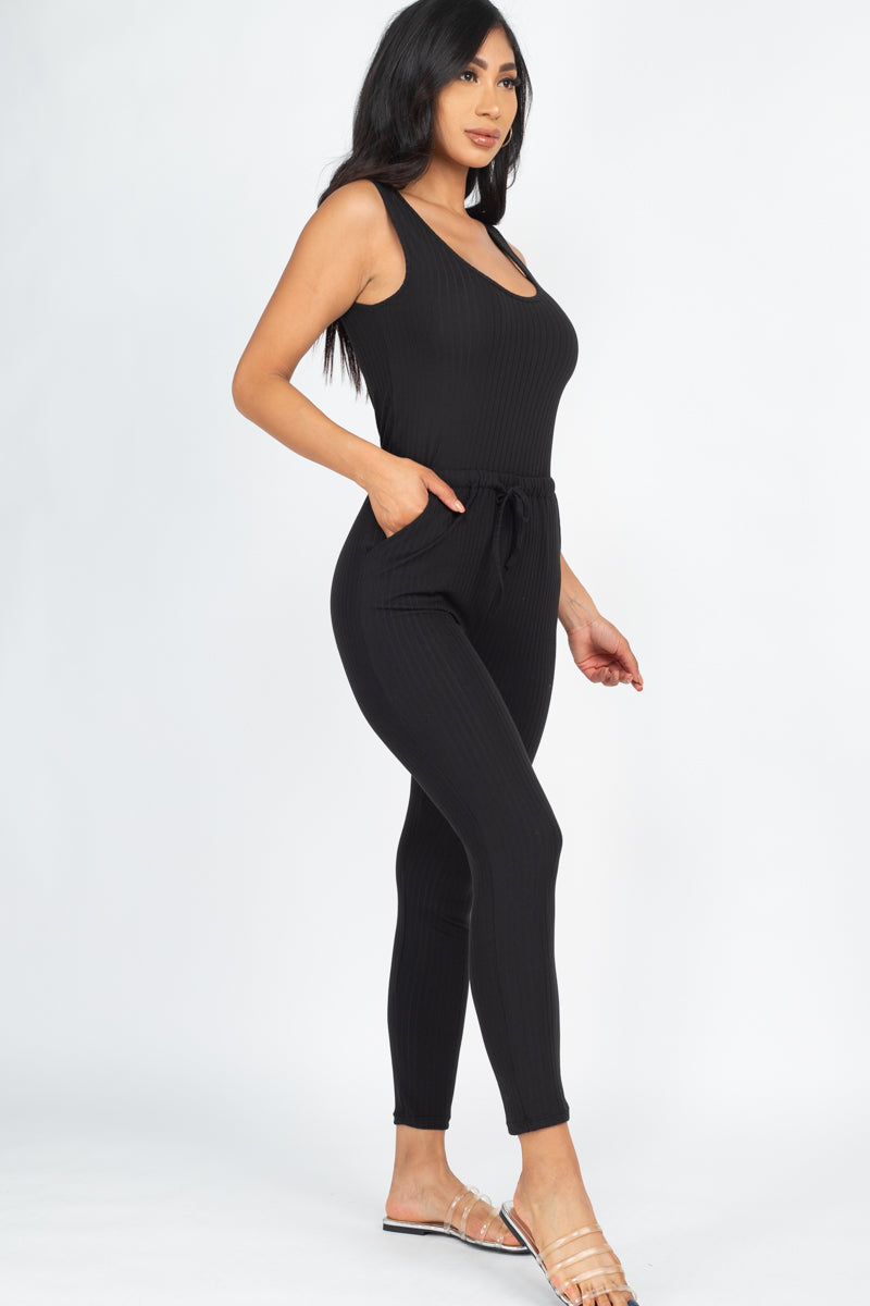 Ribbed Sleeveless Drawstring Jumpsuit (CAPELLA) - Capella Apparel