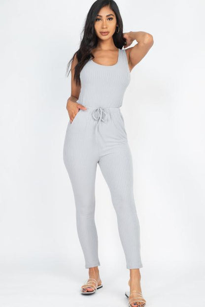 Ribbed Sleeveless Drawstring Jumpsuit - Wholesale Capella Apparel