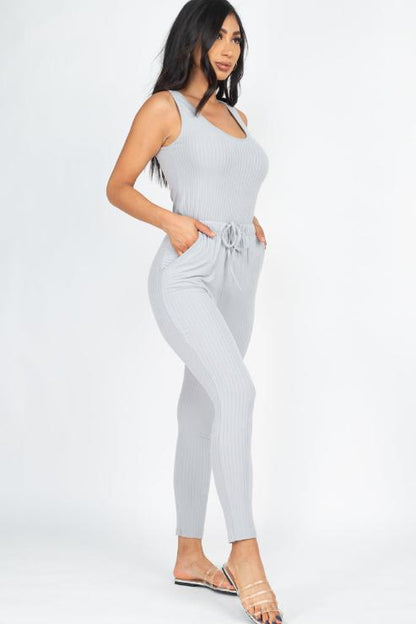 Ribbed Sleeveless Drawstring Jumpsuit - Wholesale Capella Apparel