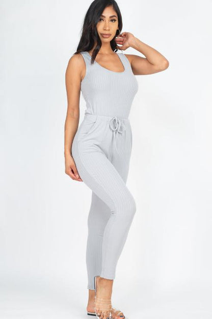 Ribbed Sleeveless Drawstring Jumpsuit - Wholesale Capella Apparel