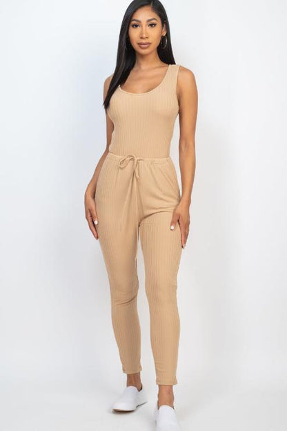 Ribbed Sleeveless Drawstring Jumpsuit - Wholesale Capella Apparel