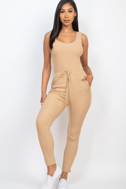 Ribbed Sleeveless Drawstring Jumpsuit - Wholesale Capella Apparel