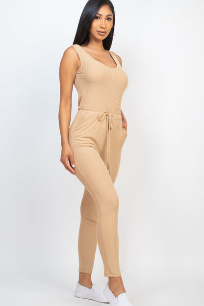 Ribbed Sleeveless Drawstring Jumpsuit (CAPELLA) - Capella Apparel