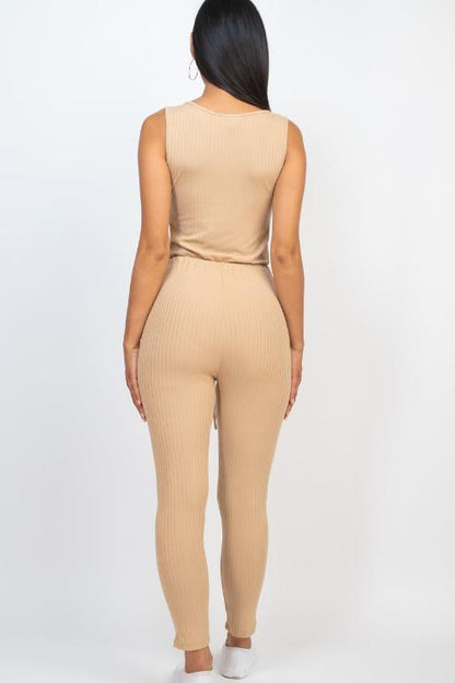 Ribbed Sleeveless Drawstring Jumpsuit - Wholesale Capella Apparel