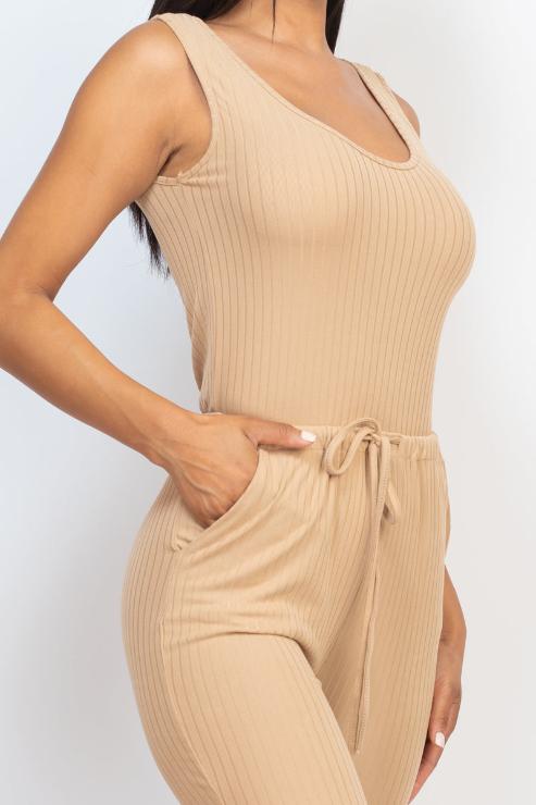 Ribbed Sleeveless Drawstring Jumpsuit - Wholesale Capella Apparel