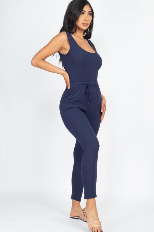 Ribbed Sleeveless Drawstring Jumpsuit - Wholesale Capella Apparel