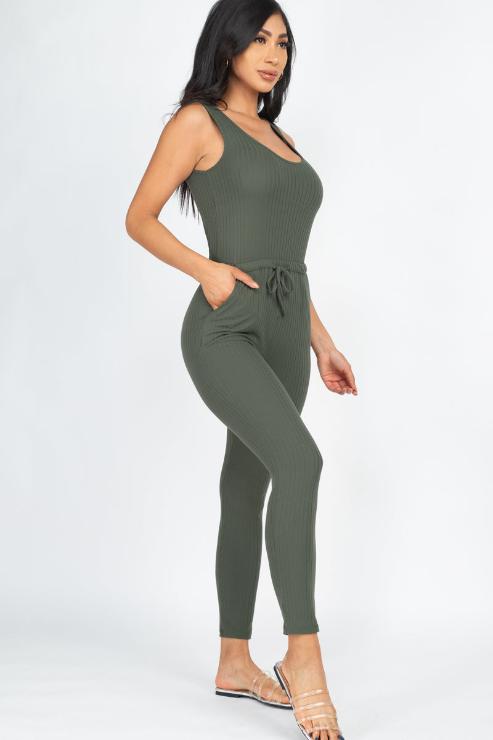 Ribbed Sleeveless Drawstring Jumpsuit - Wholesale Capella Apparel