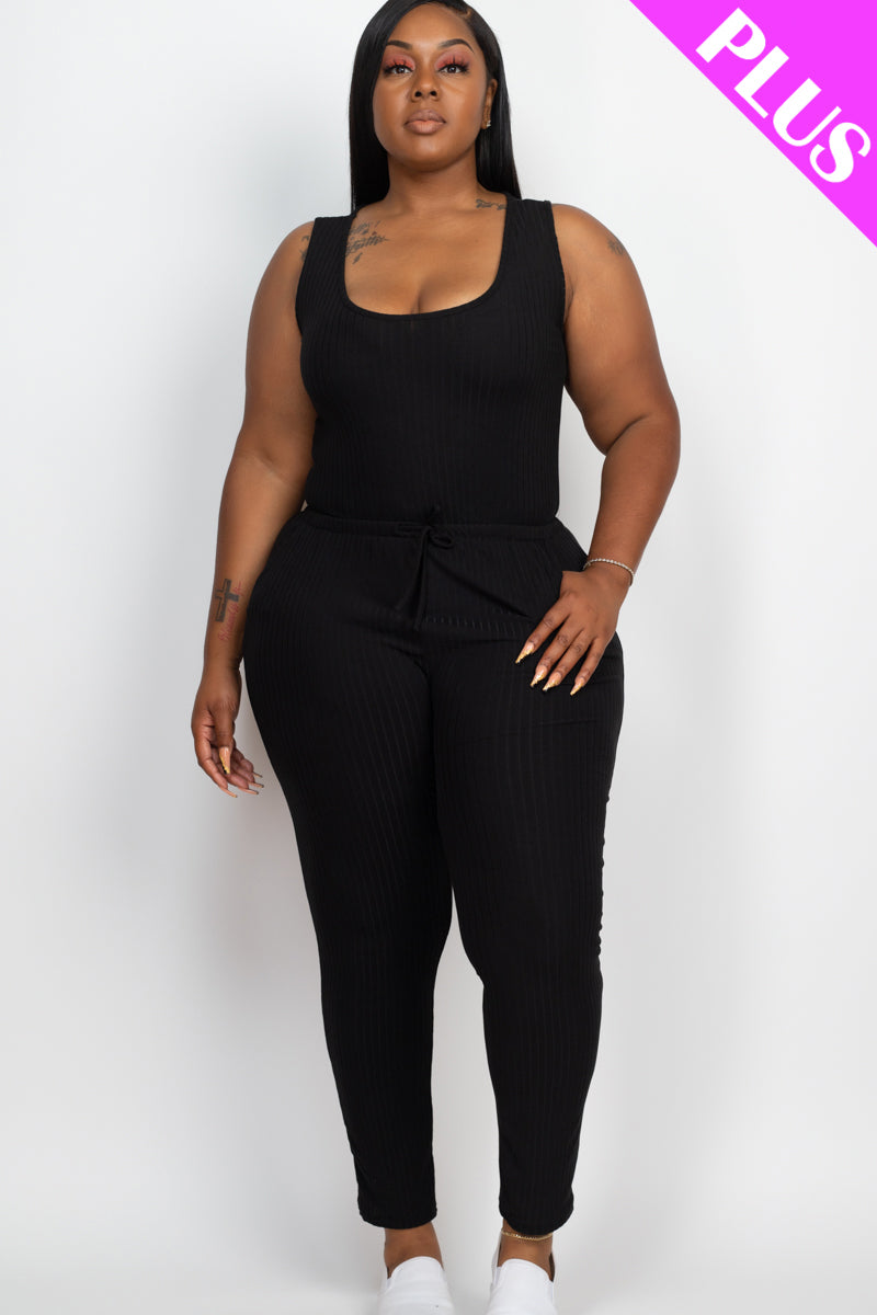 Plus Size Ribbed Sleeveless Drawstring Jumpsuit - Capella Apparel Wholesale