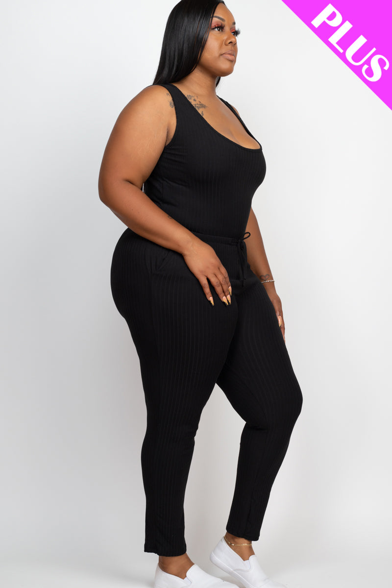 Plus Size Ribbed Sleeveless Drawstring Jumpsuit - Capella Apparel Wholesale