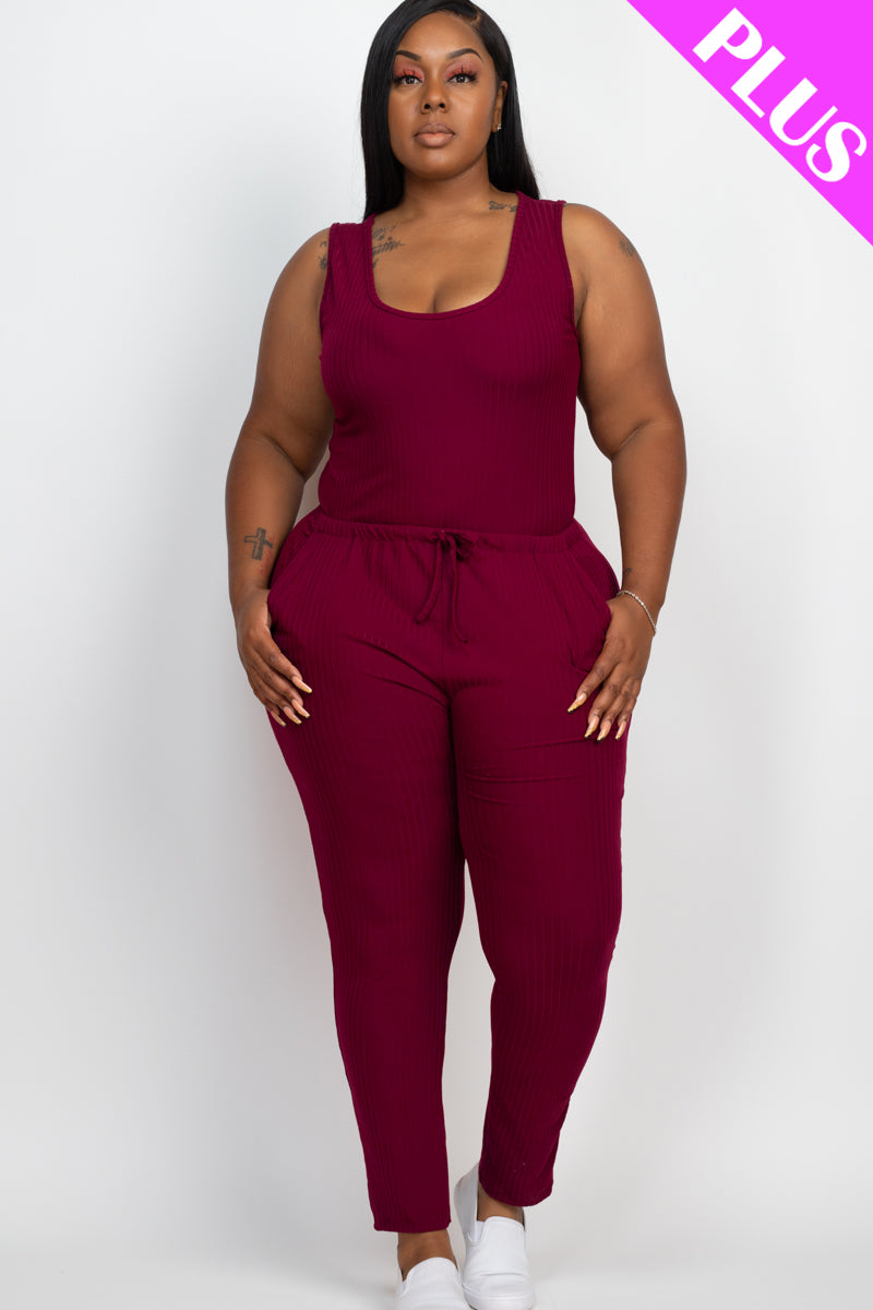 Plus Size Ribbed Sleeveless Drawstring Waist Jumpsuit (CAPELLA) - Capella Apparel