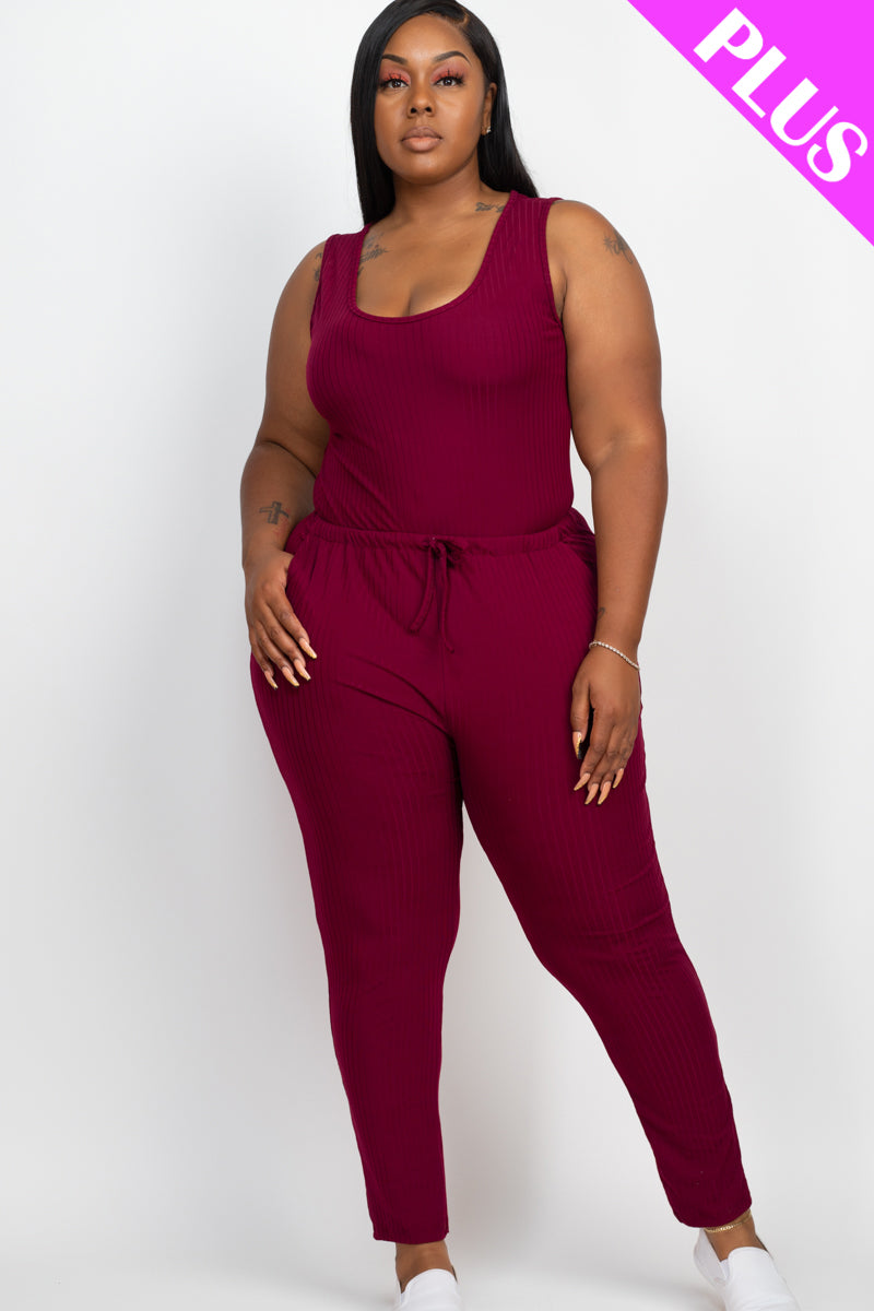 Plus Size Ribbed Sleeveless Drawstring Waist Jumpsuit (CAPELLA) - Capella Apparel