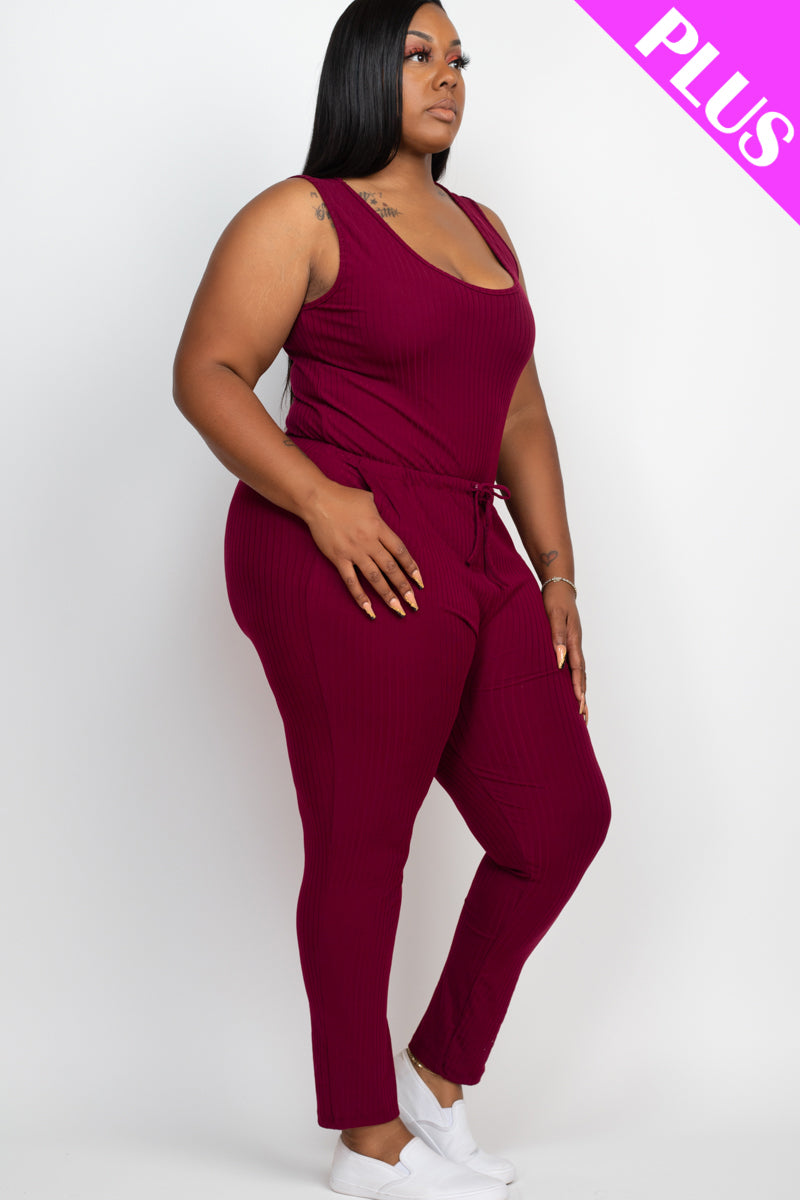 Plus Size Ribbed Sleeveless Drawstring Jumpsuit - Capella Apparel Wholesale