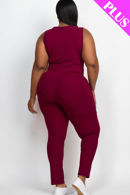 Plus Size Ribbed Sleeveless Drawstring Waist Jumpsuit (CAPELLA) - Capella Apparel