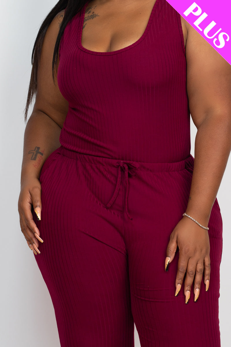 Plus Size Ribbed Sleeveless Drawstring Jumpsuit - Capella Apparel Wholesale