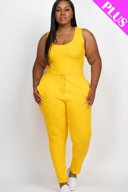 Plus Size Ribbed Sleeveless Drawstring Waist Jumpsuit (CAPELLA) - Capella Apparel