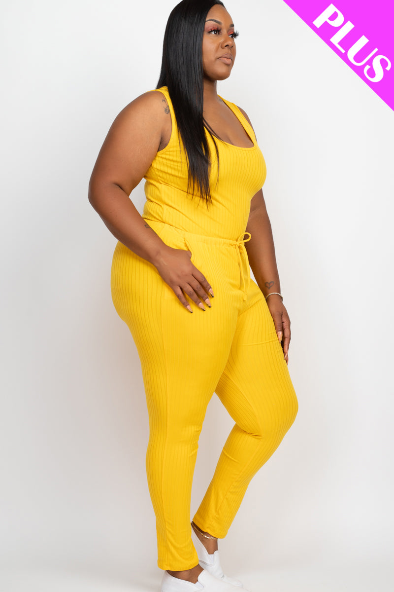 Plus Size Ribbed Sleeveless Drawstring Jumpsuit - Capella Apparel Wholesale