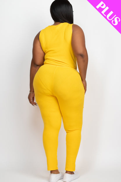 Plus Size Ribbed Sleeveless Drawstring Jumpsuit - Capella Apparel Wholesale