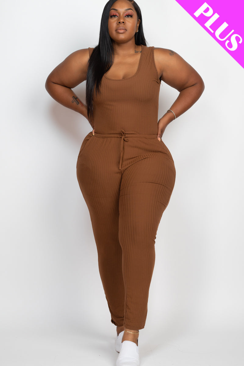 Plus Size Ribbed Sleeveless Drawstring Waist Jumpsuit (CAPELLA) - Capella Apparel