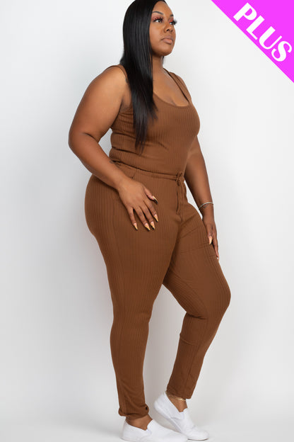 Plus Size Ribbed Sleeveless Drawstring Jumpsuit - Capella Apparel Wholesale