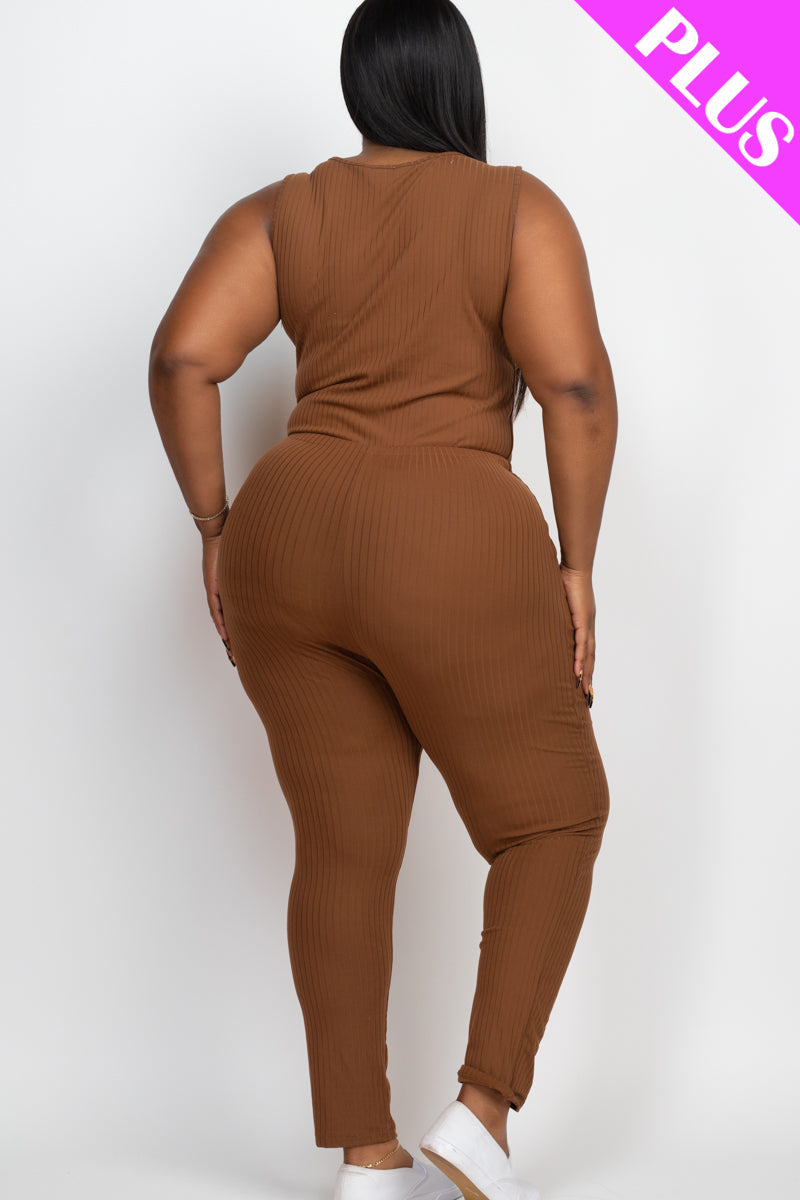 Plus Size Ribbed Sleeveless Drawstring Waist Jumpsuit (CAPELLA) - Capella Apparel