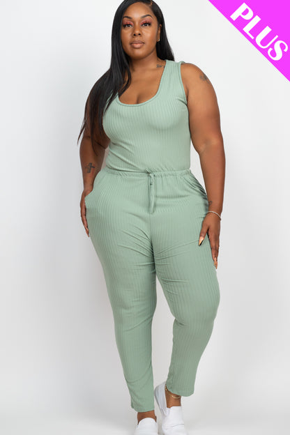 Plus Size Ribbed Sleeveless Drawstring Jumpsuit - Capella Apparel Wholesale