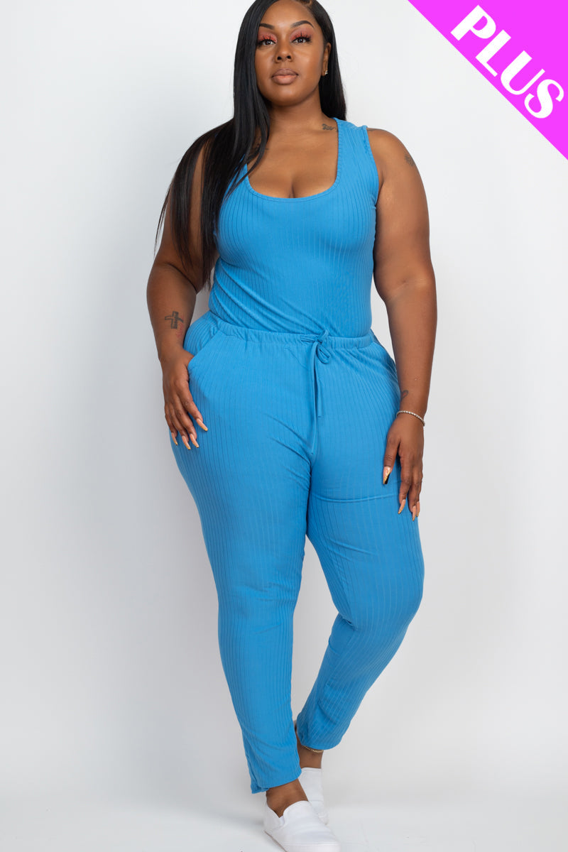 Plus Size Ribbed Sleeveless Drawstring Waist Jumpsuit (CAPELLA) - Capella Apparel